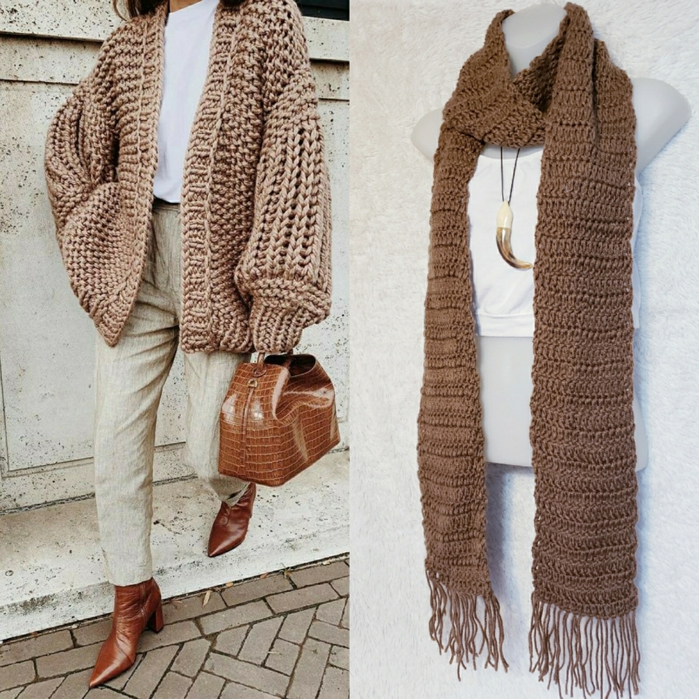 72"+  X Long Oversized Brown Crochet Scarf - Picture 6 of 10